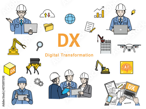 DX推進や取り組みをする建設業や製造業のイラストセット