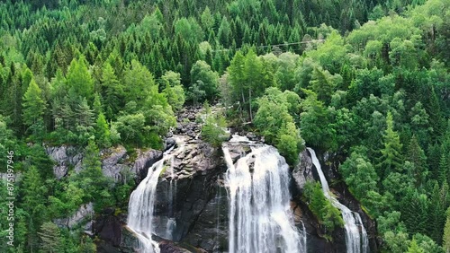 Aerial view of the waterfall Furubergsfossen in Vestland county, Norway