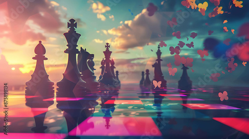 A surreal chessboard with black chess pieces and a pink and blue background. The chessboard is made of glass and is reflecting the sky.