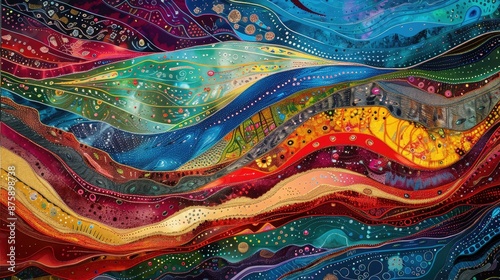 Contemporary art piece with layers of vibrant colors and intricate patterns, inviting the viewer to explore its depths.