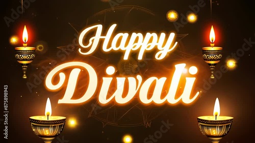 Happy Diwali text animation with traditional oil lamps photo