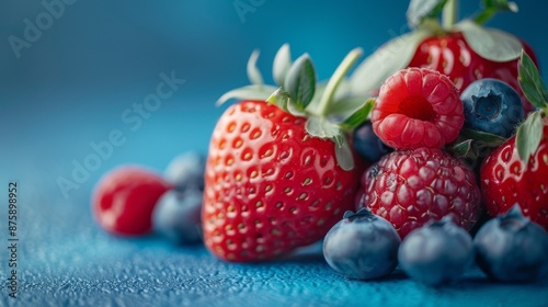 Close-up of fresh strawberries, raspberries, and blueberries on a blue background
