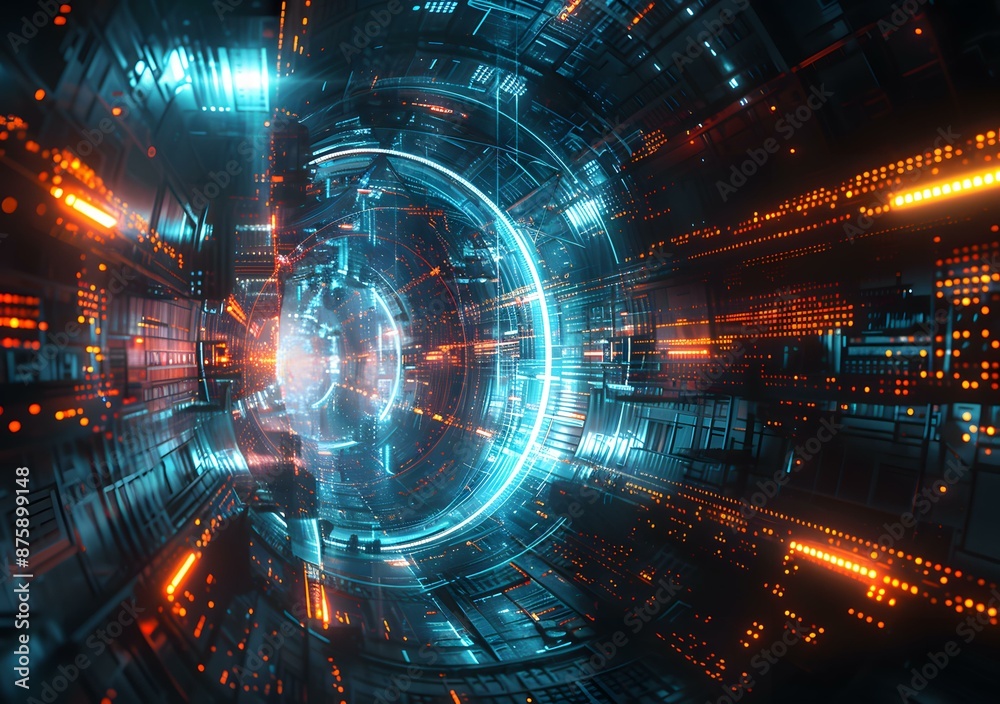 Glowing blue and orange technology tunnel