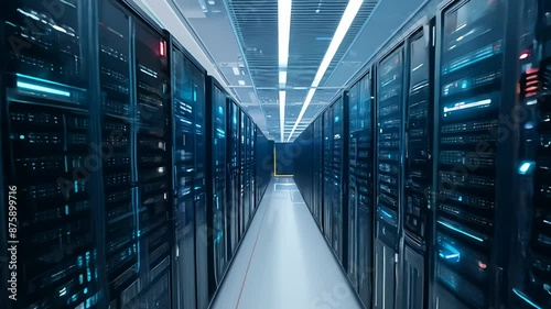 A Long Row of Server Racks in a Modern Data Center