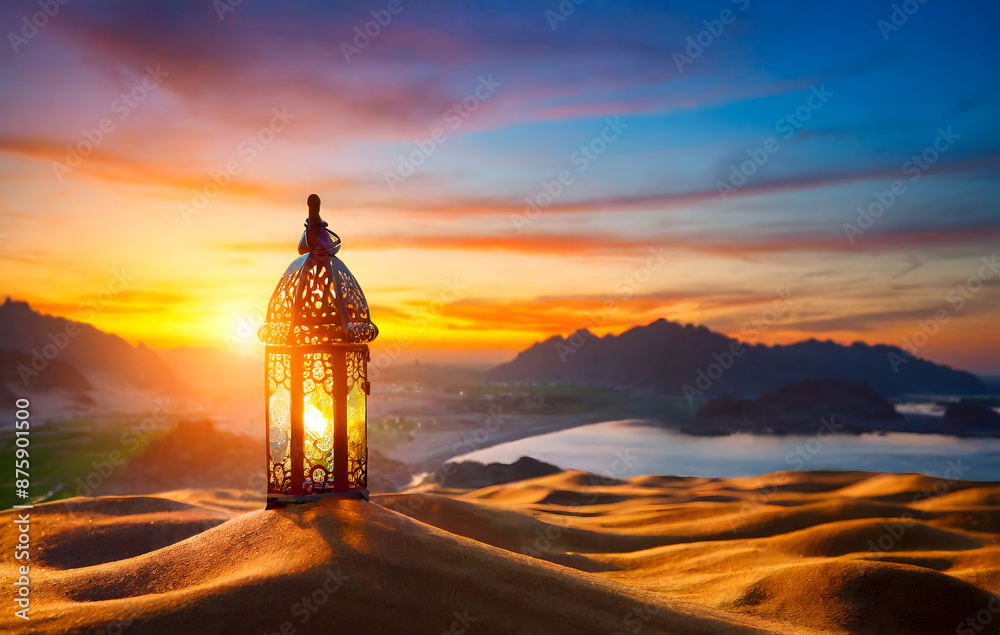 Fototapeta premium oriental lamp in sand at ramadan night, landscape with bright sunset background. Generative AI.