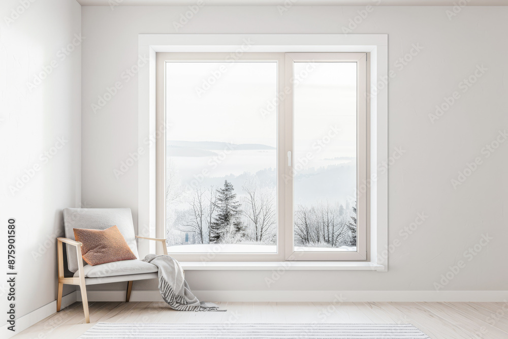 Minimalist living room interiors with minimal furniture, a large window and neutral colors. Residential Real Estate composition with copy space.