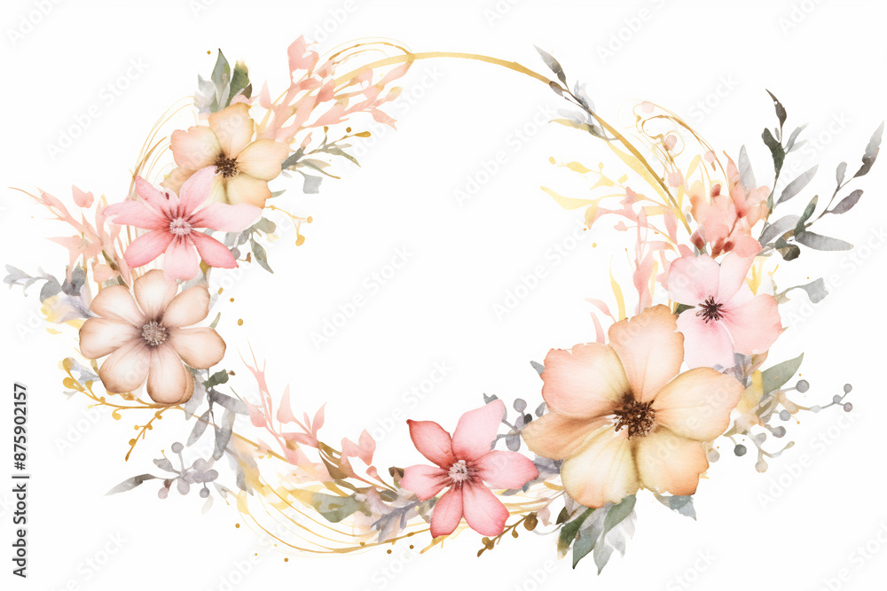 Obraz premium Wreath of flowers. Watercolor painting. Greeting card with flowers. Can be used as an invitation card for wedding, birthday and other holiday and summer background
