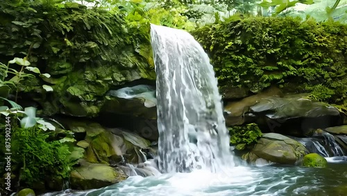 Small Waterfall in Lush Tropical Garden