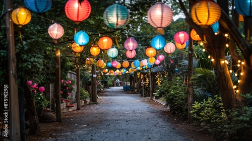 Spectacular lantern lit pagoda ceremony marking the spiritual essence of the Moon Festival Stock Photo with copy space photo