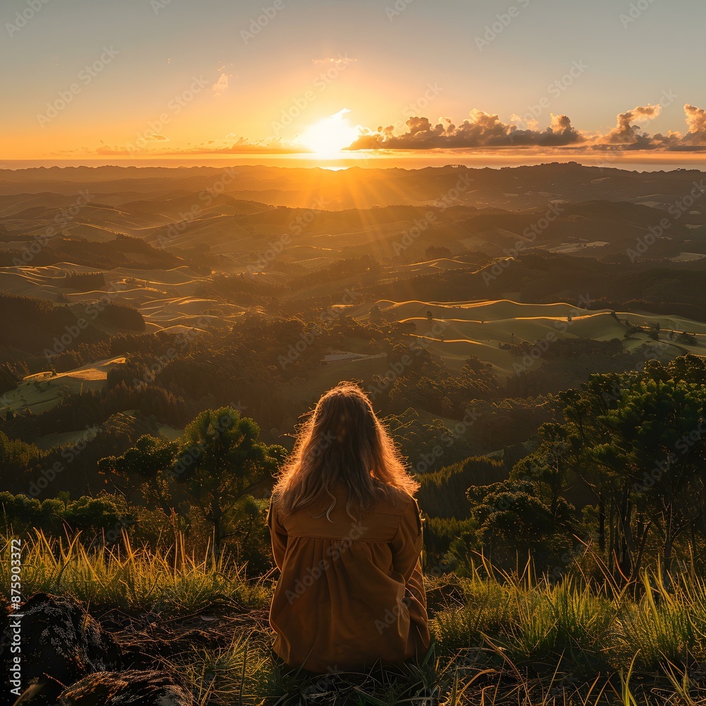 Woman Sitting on Cliff Overlooking Sunset Woman Sitting on Cliff Overlooking Sunset