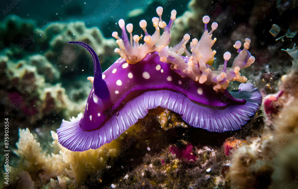 Fototapeta premium Purple nudibranch sea life nudibranch underwater beauty. Generative AI.