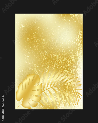 Elegant Golden Background with Palm Leaves and Grunge Texture: An opulent and stylish golden A4 template suitable for covers, wedding invitations, prints, and decorations.