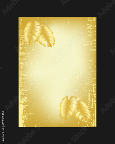 Golden Grunge Background with Palm Leaves: A lavish and sophisticated golden A4 template, perfect for a cover, wedding invitation, print, or decoration.