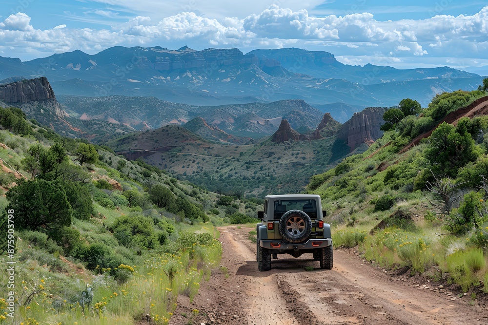 Green Jeep Driving Through Mountains and Valley Green Jeep Driving Through Mountains and Valley