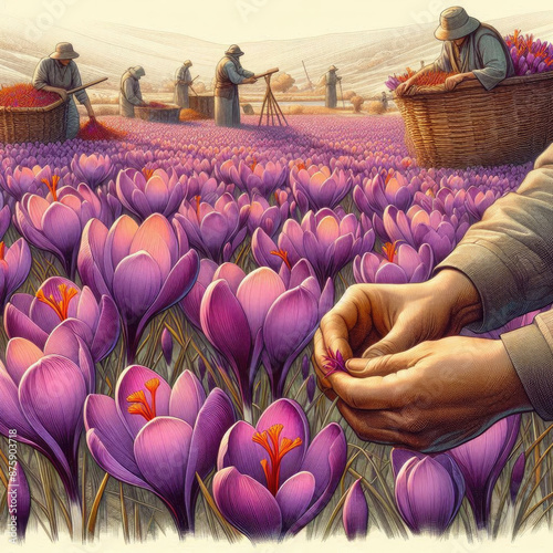 Farmers harvesting saffron threads from blooming crocus flowers in a vibrant field at sunset, showcasing traditional agriculture and the beauty of nature's bounty.