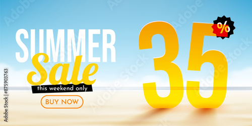 35 percent Off. Discount summer composition. Ocean beach. Sale banner and poster.