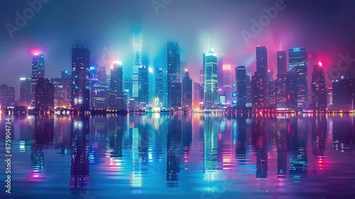 Neon Dreams: Abstract City Skyline Reflecting in Water with Vibrant Lights