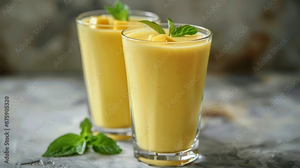 Mango lassi a healthful served in two glasses on a rustic marble table very detailed and realistic shape Mango lassi a healthful served in two glasses on a rustic marble table very detailed and realistic shape