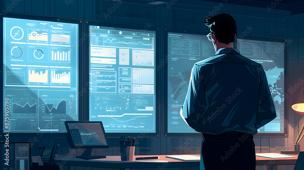 Risk Management: An American risk analyst in a modern office, developing a risk management framework with engaging vector graphics to illustrate risk analysis and contingency planning
