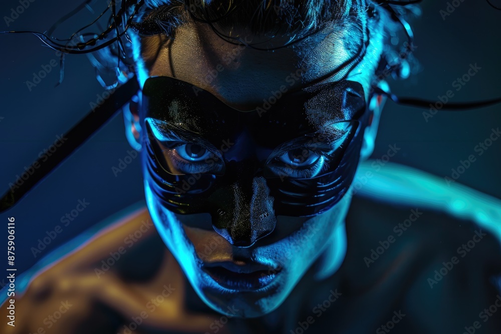 Naklejka premium Halloween With Mask: Angry Young Male Acrobat Poses in Dark Studio with Fantasy Concept