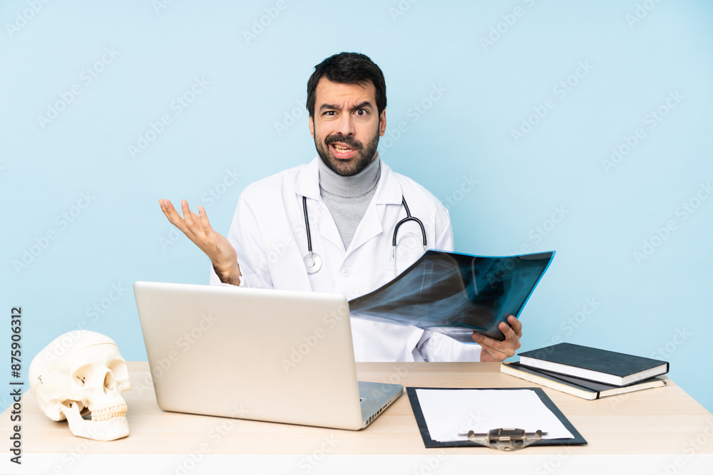 Professional traumatologist in workplace making doubts gesture