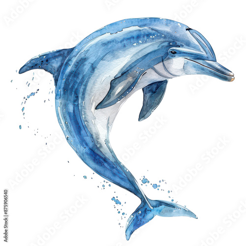 Watercolor dolphin artwork featuring a beautiful blend of blue shades, showcasing aquatic life and marine elegance in artistic form. photo