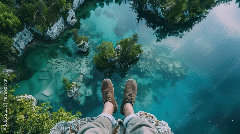 Crossed feet lake aerial bled relax travel