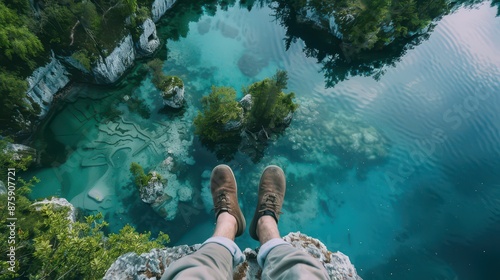Crossed feet lake aerial bled relax travel