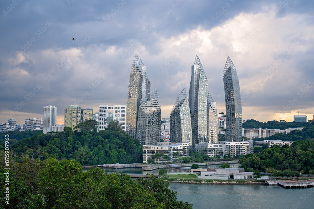 Naklejka premium Singapore skyline cityscape view from fort Siloso skywalk, tourist destination attraction, travel vacation holiday, futuristic city modern high density skyscrapers living residential accommodation
