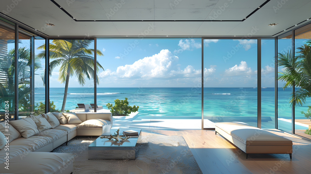 Fototapeta premium Beautiful Home Interior with Black Living Room and Ocean View