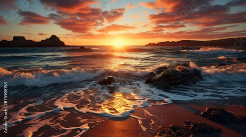 a sunset over the ocean with a beach scene and rocks in the foreground.