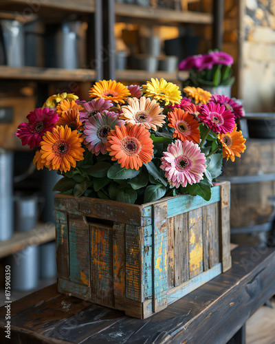 Colorful potted gerbera daisy with large bloo photo