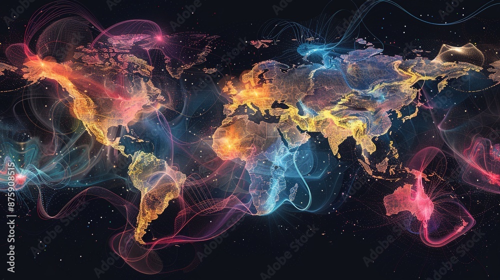 Networked World: Digital Artwork of Interconnected Map Nodes Representing Global Connectivity Networked World: Digital Artwork of Interconnected Map Nodes Representing Global Connectivity
