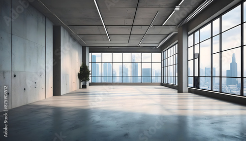  A modern office interior with grunge concrete walls and large floor-to-ceiling windows offe_1(53)
