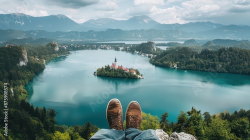 Crossed feet lake aerial bled relax travel