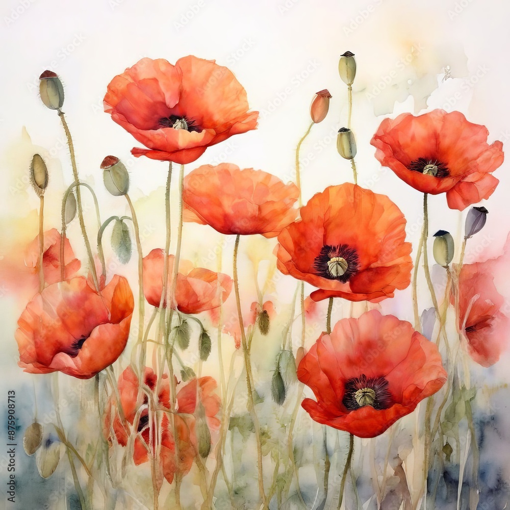 Watercolor Poppy Field.