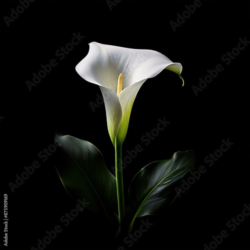 Single White Calla Lily on Black Background.