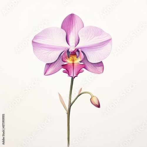 Pink Orchid with Bud on White Background.