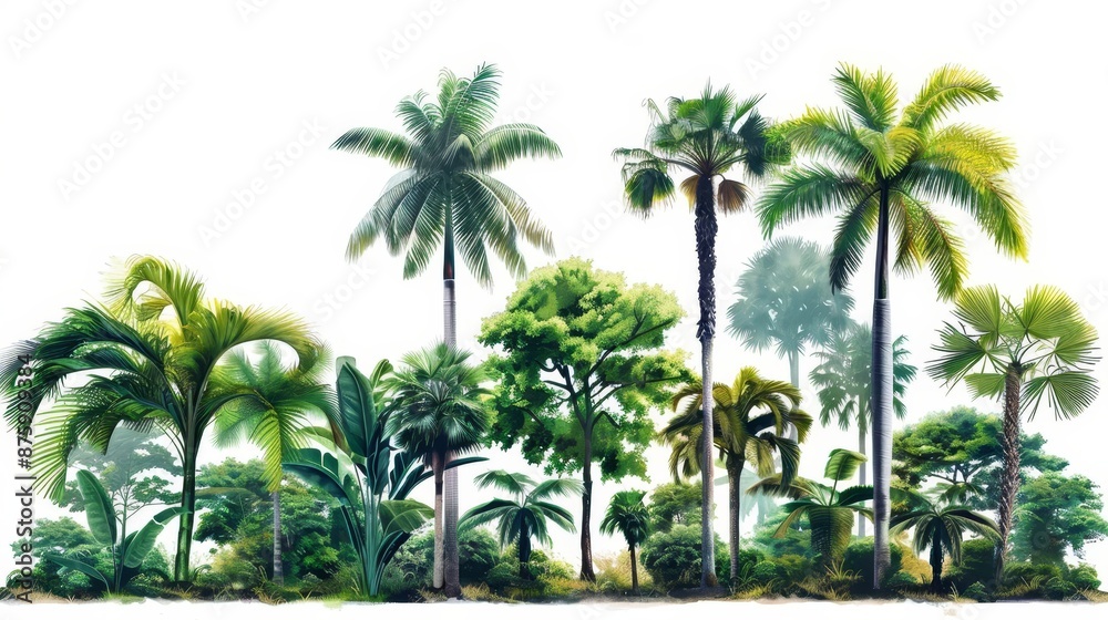 Obraz premium Lush rainforest with towering trees and vibrant palm leaves, nature scene, tropical forest serenity