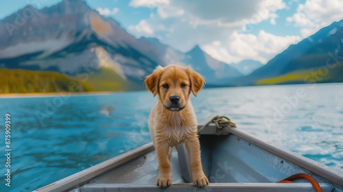 puppy stands on edge of boat front overlooking the scenery and views of beautiful mountain lake