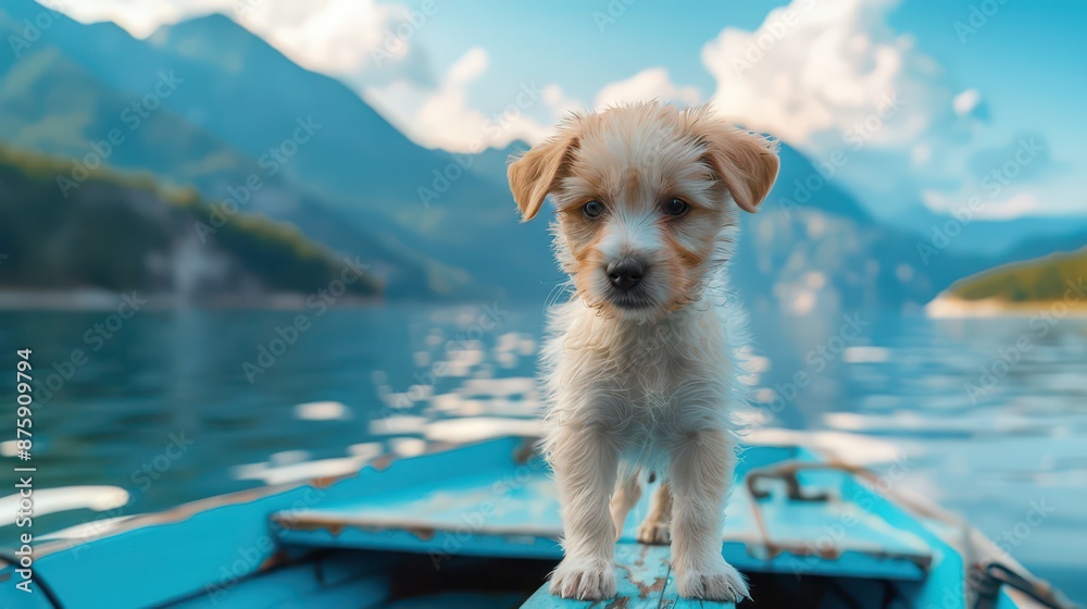 puppy stands on edge of boat front overlooking the scenery and views of beautiful mountain lake