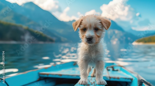 Obraz na płótnie puppy stands on edge of boat front overlooking the scenery and views of beautiful mountain lake w salonie