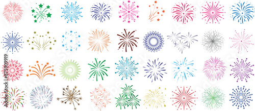 Colorful fireworks vector set, includes various firework shapes, starburst, celebration designs isolated on white