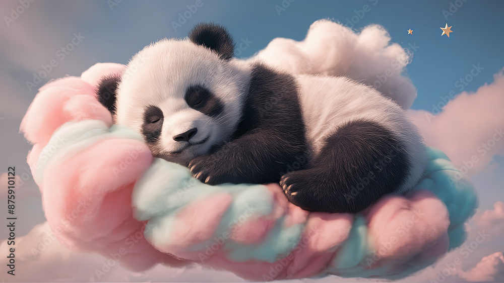 Fototapeta premium Adorable Baby Panda Sleeping on a Fluffy Pastel Cloud in the Sky