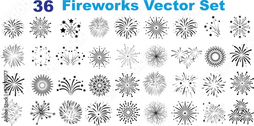 Firework vector set, 36 fireworks designs, starbursts digital clipart for celebration graphics, party icons, festive illustrations, burst patterns, sparkling effects and holiday decoration