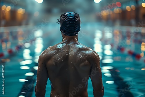  Back view of a diving sport athlete on diving tower ready to jump into Olympics swimming pool 