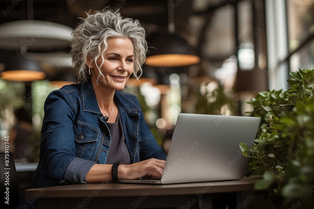 Retired woman using laptop in coffee bar. Retired woman using laptop in coffee bar.