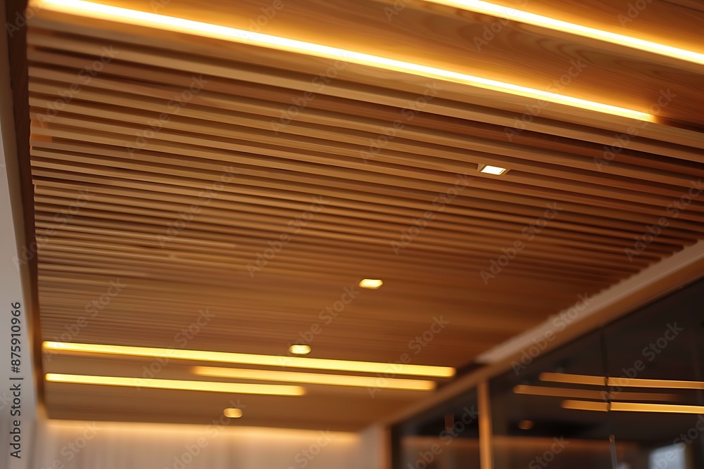 A ceiling with decorative wooden slats and integrated lighting for a warm and modern look. A ceiling with decorative wooden slats and integrated lighting for a warm and modern look.