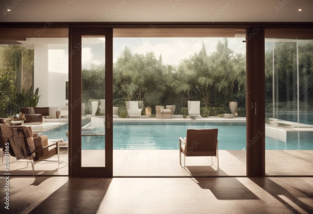 Fototapeta premium generative terrace interior door features three dimensional open pool looks house furnishings a modern that sliding surrounding huge nature elegant home out landscape background ai swimming design
