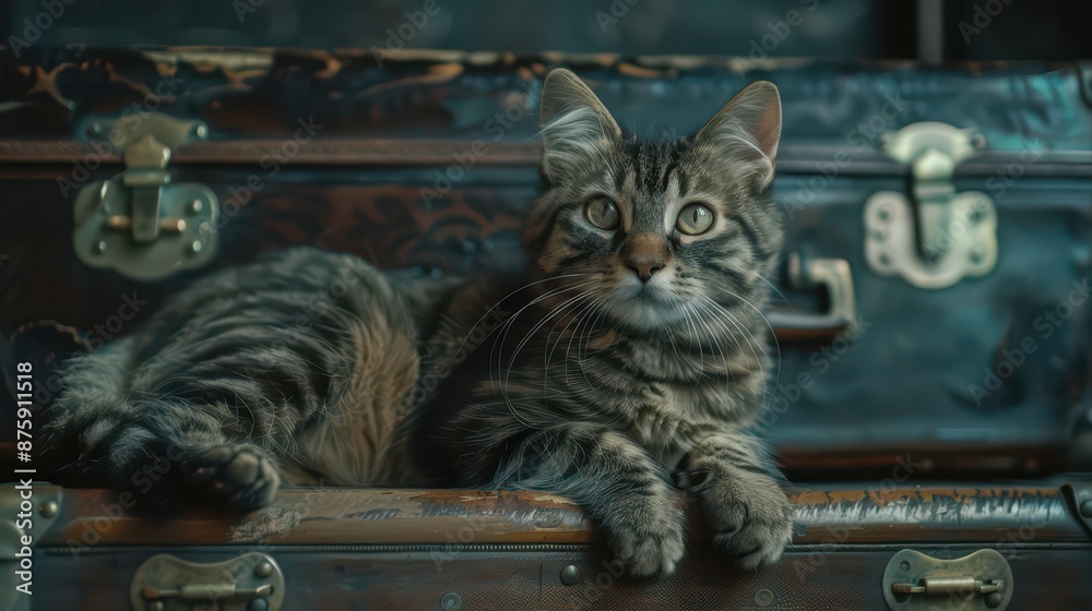 Cute cat on the vintage suitcase